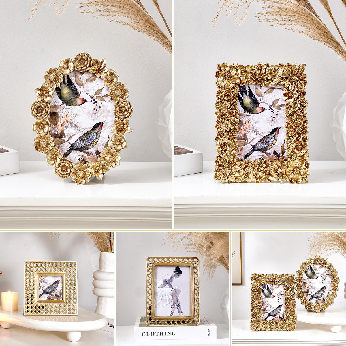 Bamboo Photo Frame - 1PC, Golden Three-dimensional Flower Pattern Photo
