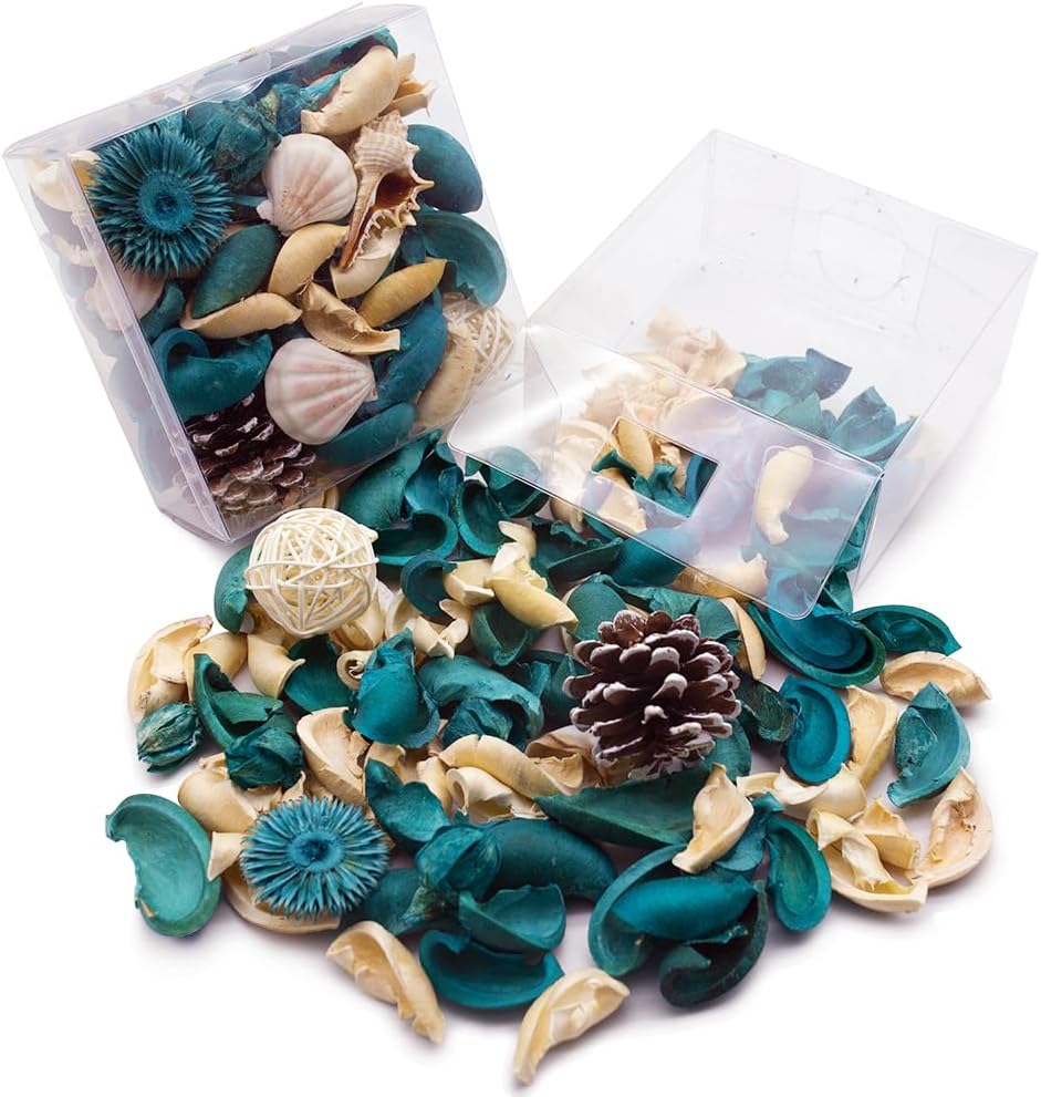 Home Decor Vase With Flowers - Ocean Breeze Scented Seashell Potpourri, Turquoise