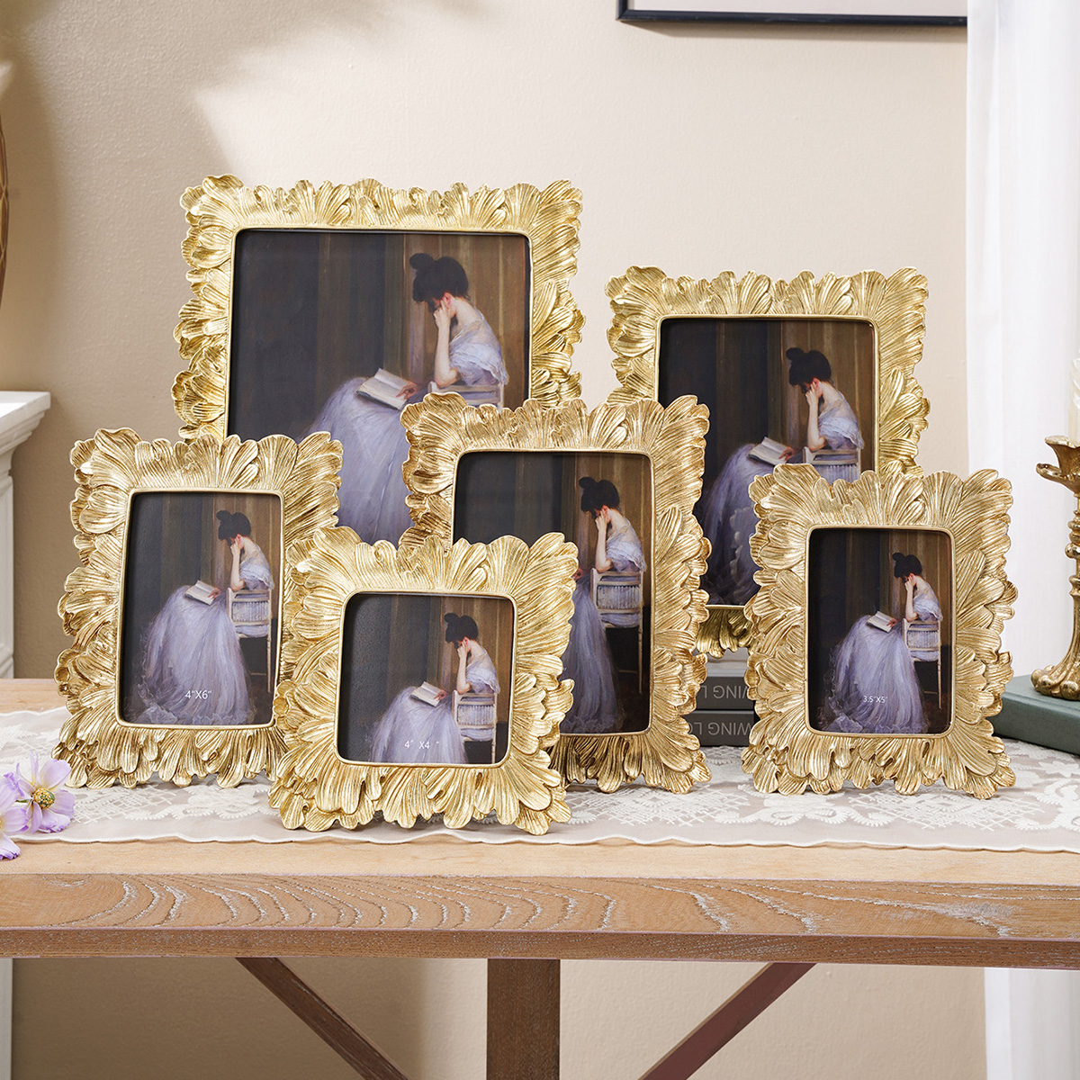 Bamboo Photo Frame - 1PC, European-style golden palm leaf lace