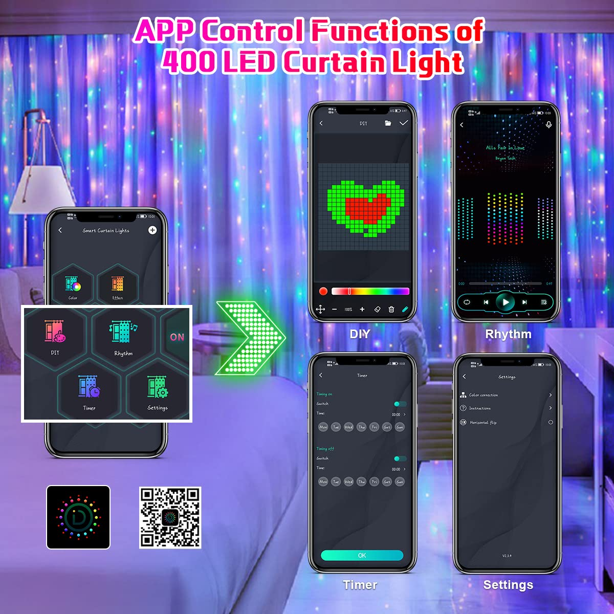 400LEDs RGBIC Smart Curtain Li - Home Decor Free App review and price